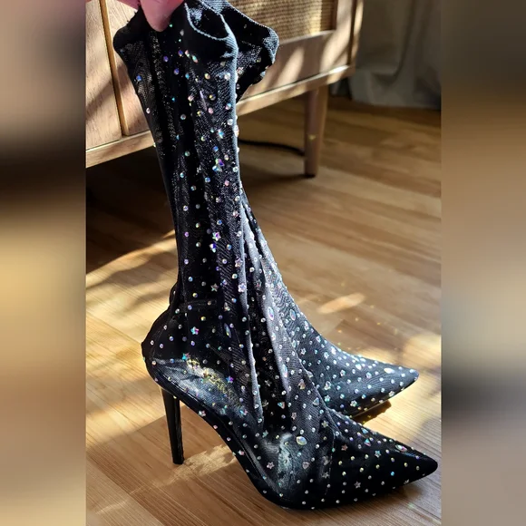 Stiletto rhinestone Bootie In Black a mid calf high shaft - Picture 4 of 7